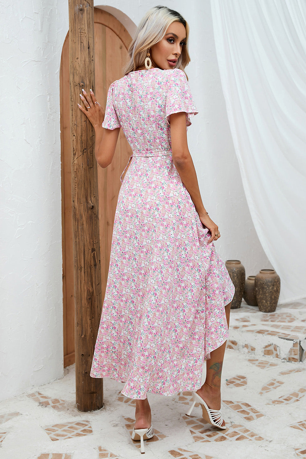 Pink Floral Maxi Wrap Summer Dress