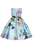 A Line Jewel Neck Light Blue Printed Girls Dress