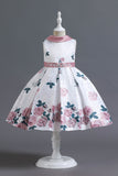 A Line Jewel Neck Blue Printed Girls Dress