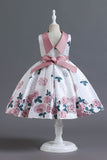 A Line Jewel Neck Blue Printed Girls Dress