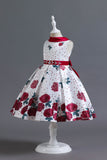 A Line Jewel Neck Blue Printed Girls Dress