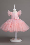 A Line Jewel Neck Red Girls Dress with Bowknot