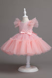 A Line Jewel Neck Red Girls Dress with Bowknot