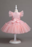 A Line Jewel Neck Red Girls Dress with Bowknot
