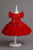 A Line Jewel Neck Red Girls Dress with Bowknot