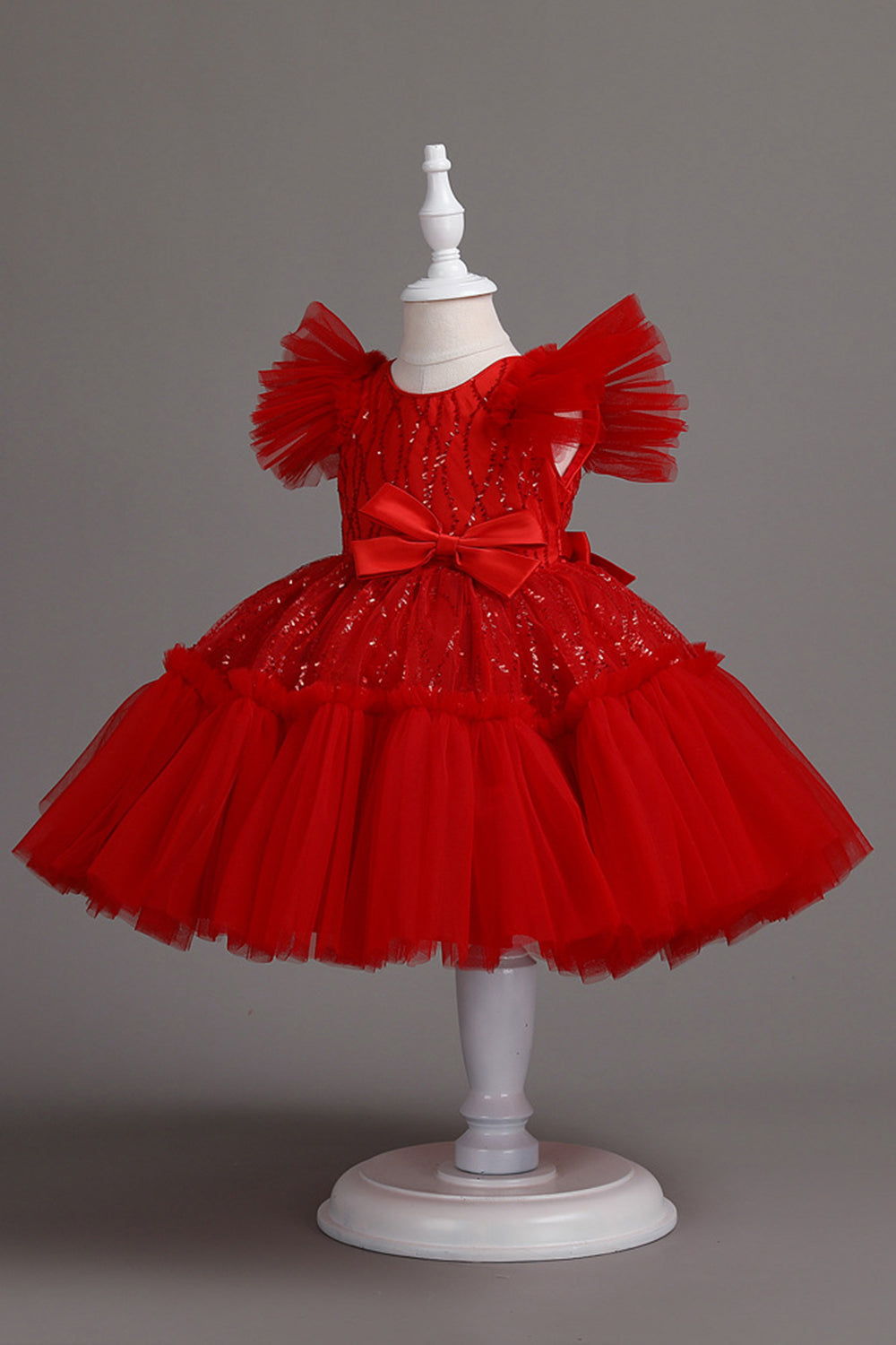 A Line Jewel Neck Red Girls Dress with Bowknot