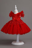 A Line Jewel Neck Red Girls Dress with Bowknot