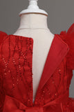 A Line Jewel Neck Red Girls Dress with Bowknot