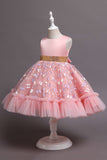 A Line Jewel Neck Pink Girls Party Dress with Appliques