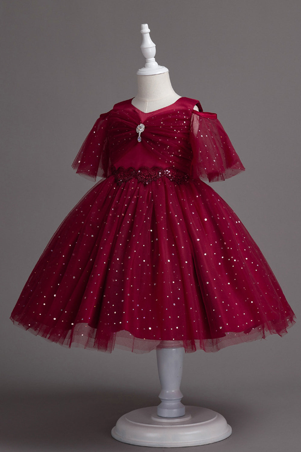 A Line Off the Shoulder Burgundy Tulle Girls Dress