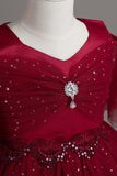 A Line Off the Shoulder Burgundy Tulle Girls Dress
