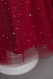 A Line Off the Shoulder Burgundy Tulle Girls Dress