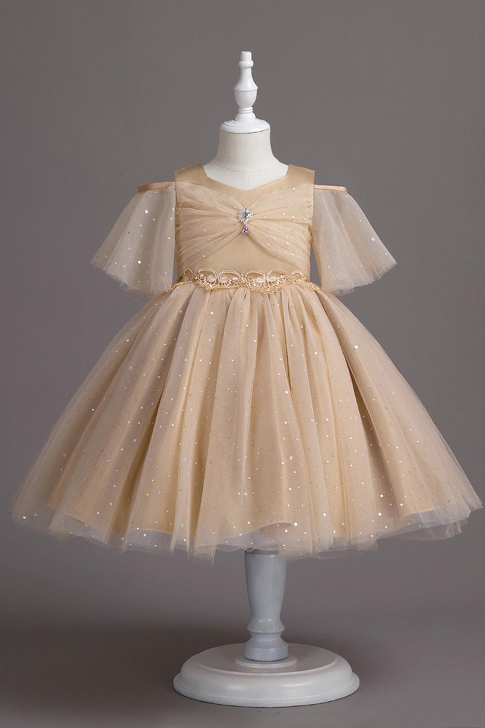 A Line Off the Shoulder Burgundy Tulle Girls Dress