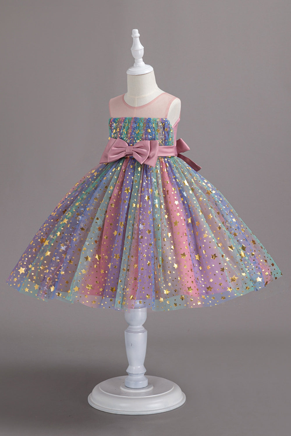 A Line Jewel Neck Blush Girls Party Dress with Bowknot