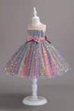 A Line Jewel Neck Blush Girls Party Dress with Bowknot