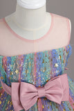 A Line Jewel Neck Blush Girls Party Dress with Bowknot
