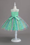 A Line Jewel Neck Blush Girls Party Dress with Bowknot