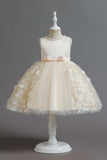 Champagne A Line Tulle Sleeveless Flower Girls Party Dress With Bow