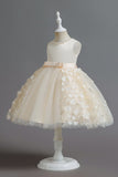 Champagne A Line Tulle Sleeveless Flower Girls Party Dress With Bow