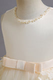 Champagne A Line Tulle Sleeveless Flower Girls Party Dress With Bow