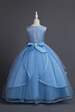 Blue Round Neck Tulle Long Girls Dress