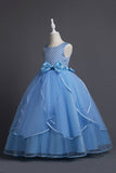 Blue Round Neck Tulle Long Girls Dress