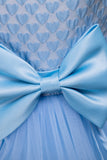 Blue Round Neck Tulle Long Girls Dress