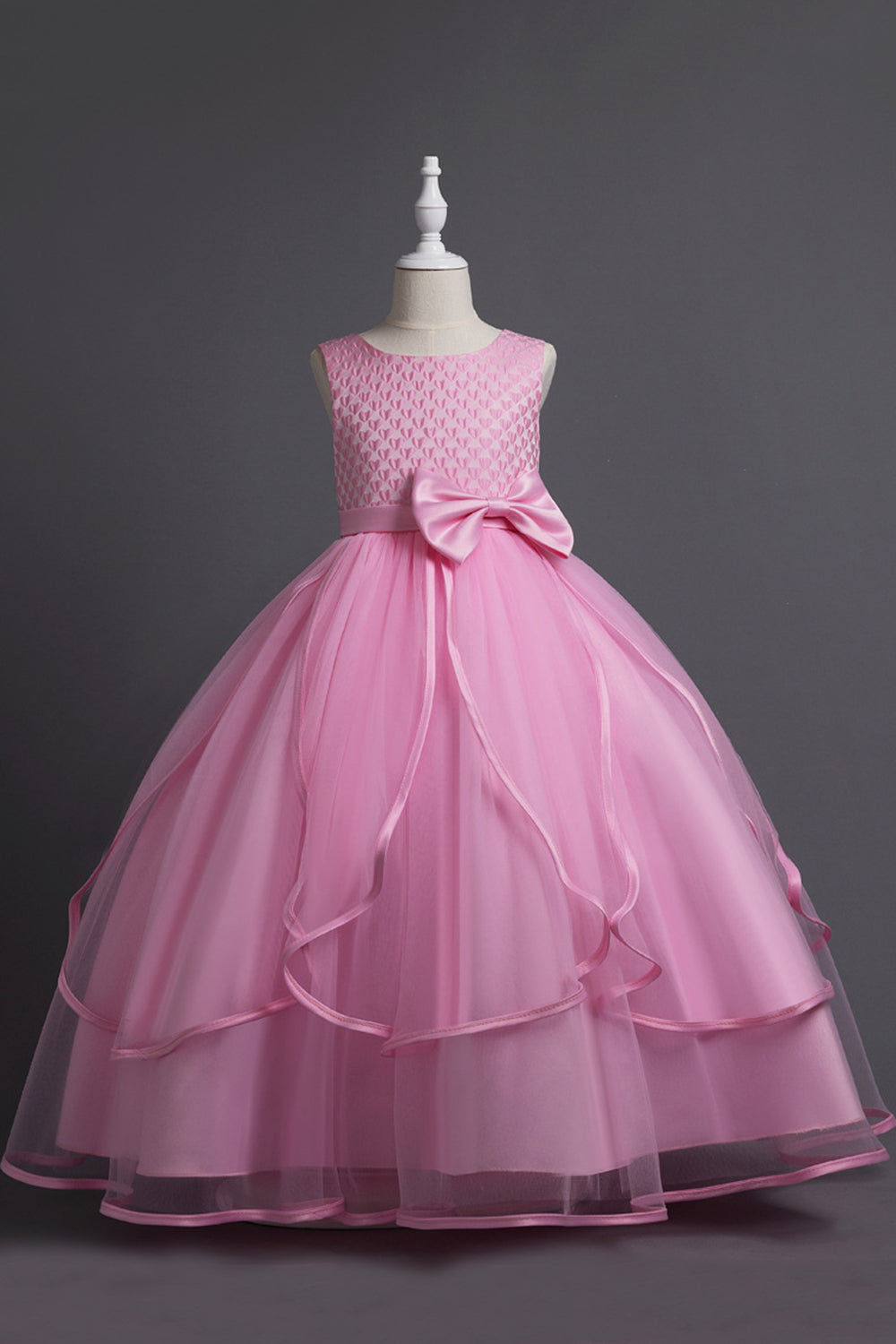 Blue Round Neck Tulle Long Girls Dress
