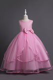 Blue Round Neck Tulle Long Girls Dress