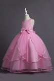 Blue Round Neck Tulle Long Girls Dress