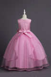Blue Round Neck Tulle Long Girls Dress