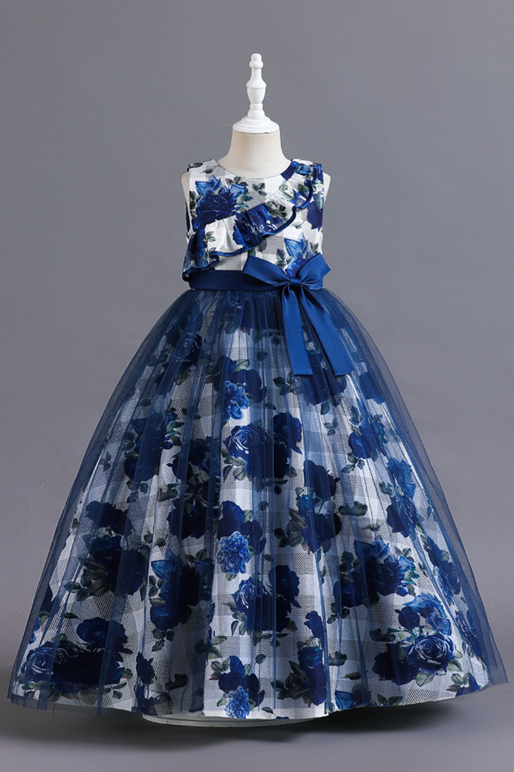 Blue Flower Tulle Long Girls Dress With Ruffles