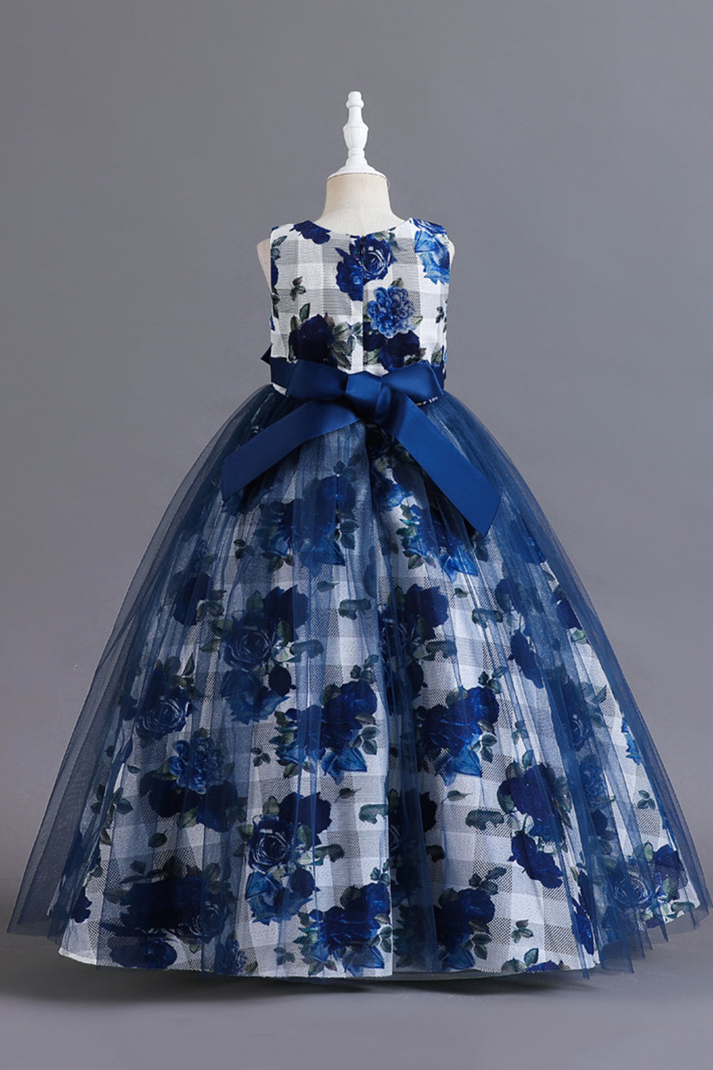 Blue Flower Tulle Long Girls Dress With Ruffles