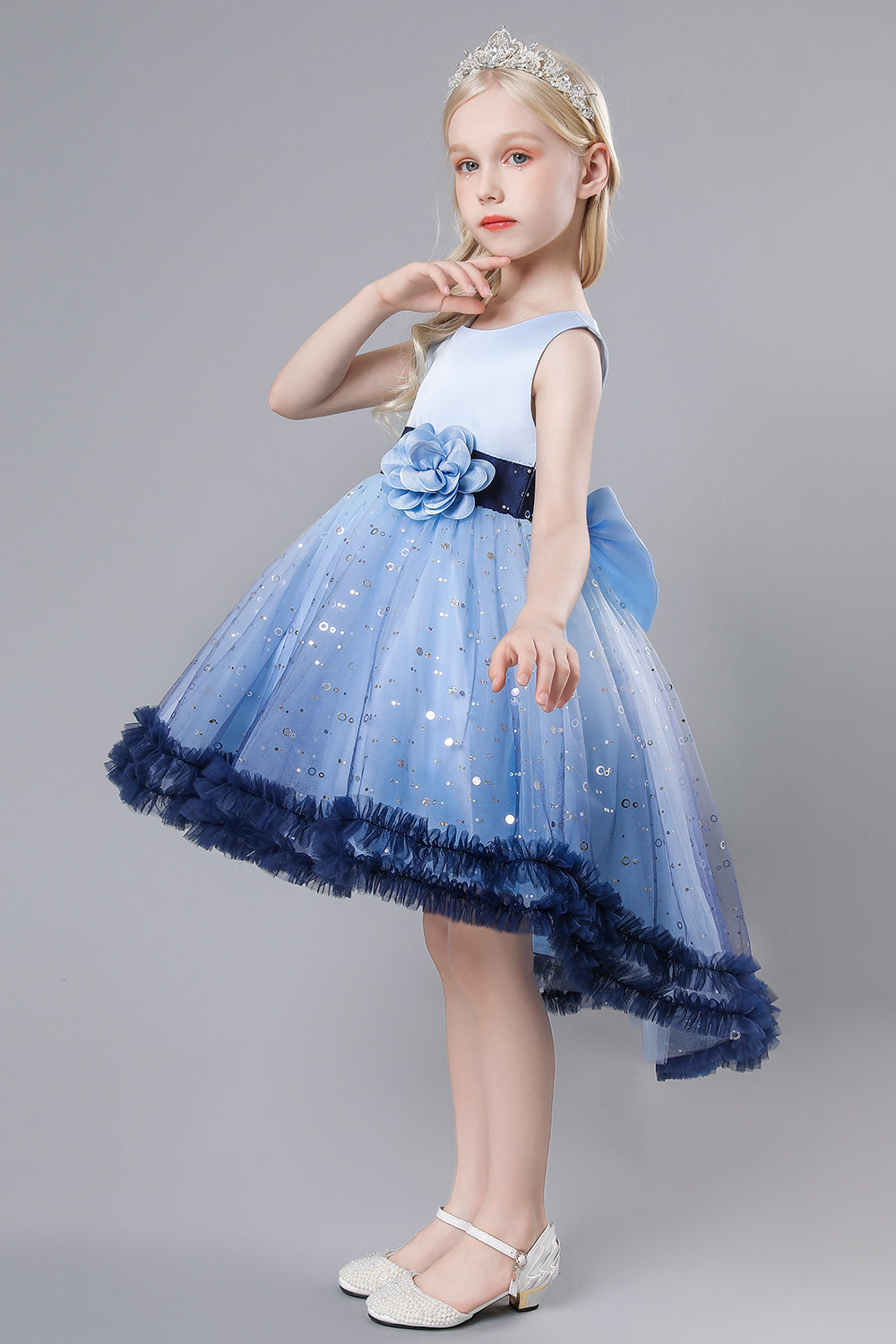 Blue Tulle Glitter Flower Girls Party Dress With Bow