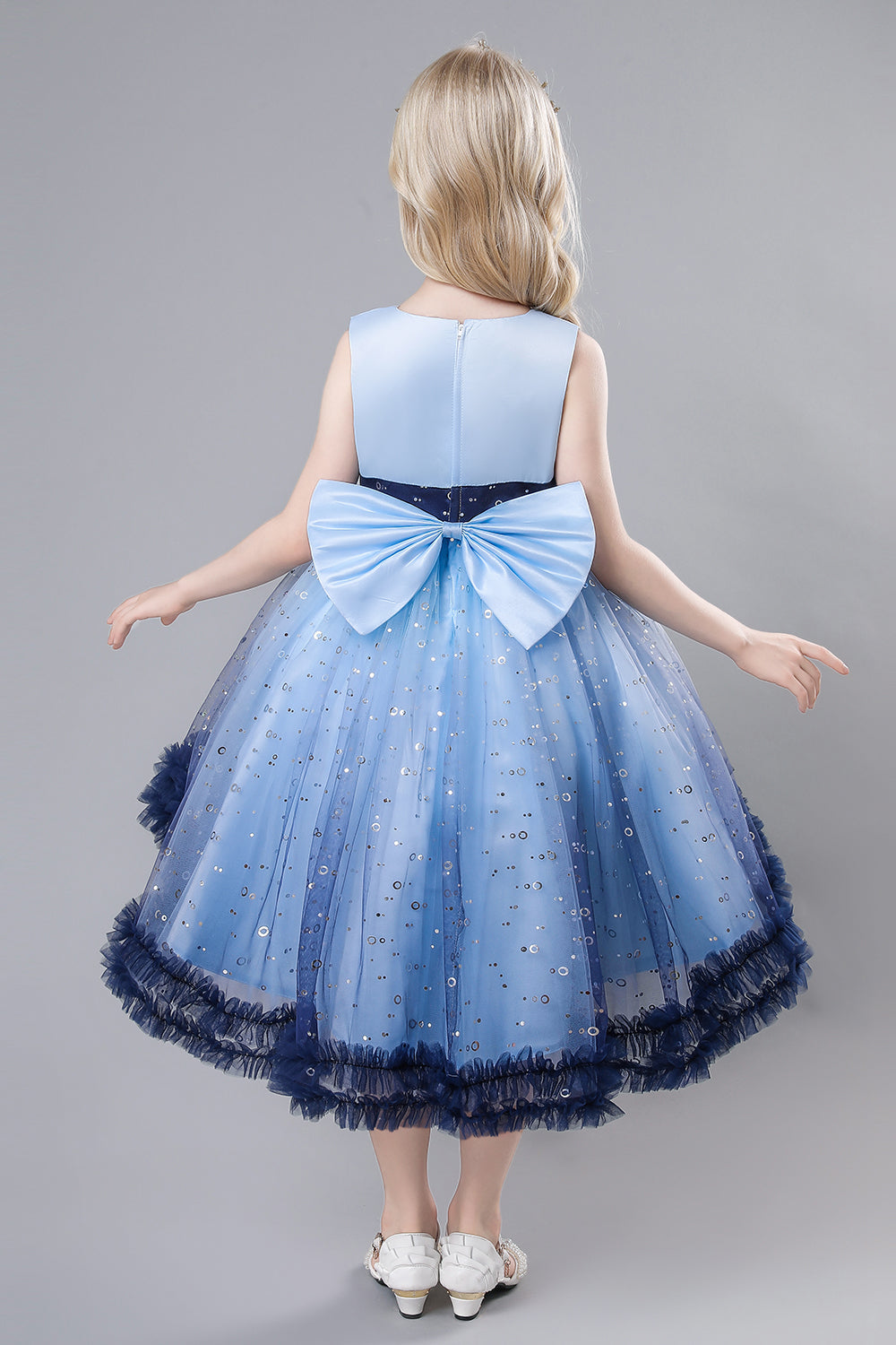Blue Tulle Glitter Flower Girls Party Dress With Bow
