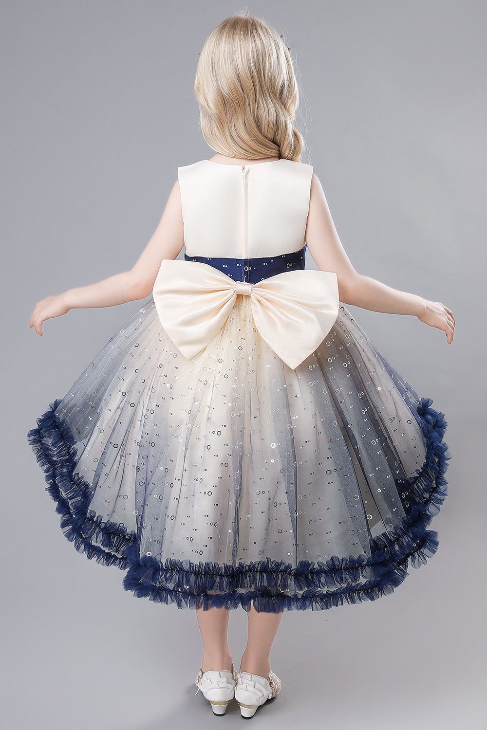 Blue Tulle Glitter Flower Girls Party Dress With Bow
