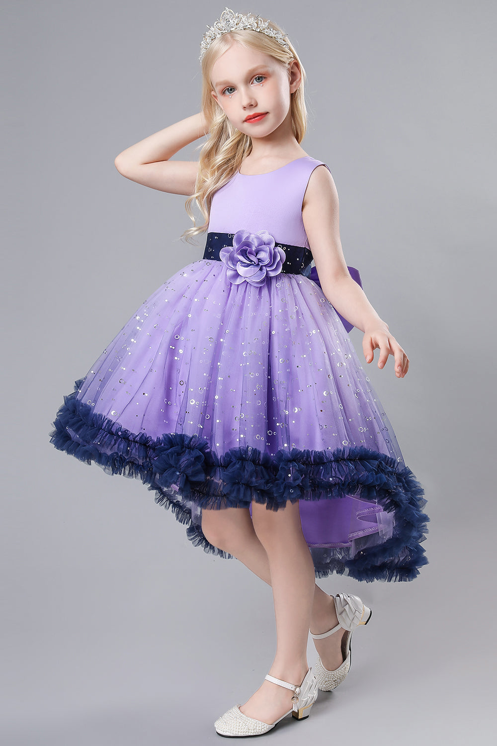 Blue Tulle Glitter Flower Girls Party Dress With Bow