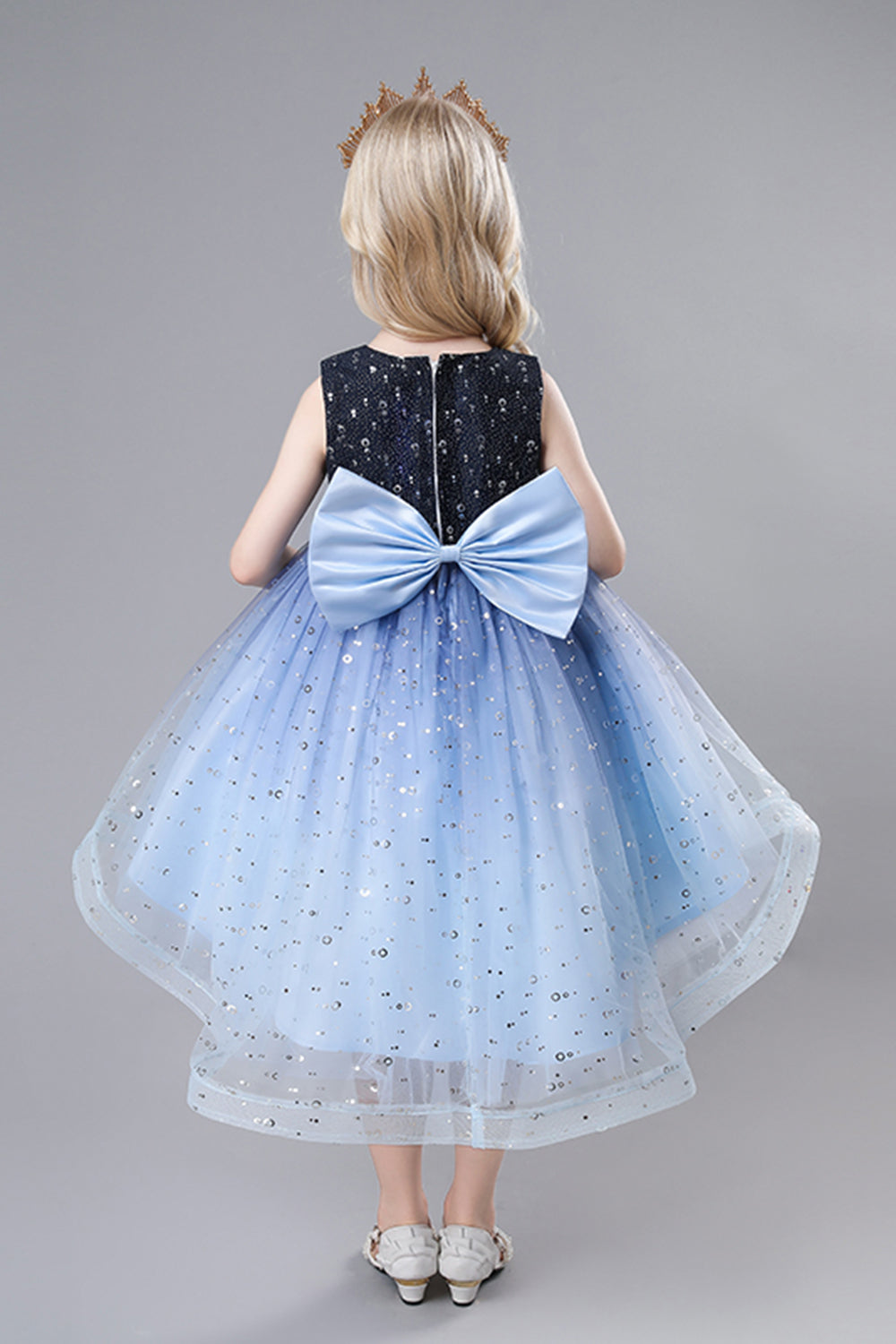 Purple Tulle High Low Sparkly Girls Party Dress With Bow