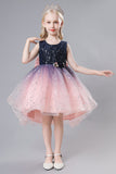 Purple Tulle High Low Sparkly Girls Party Dress With Bow