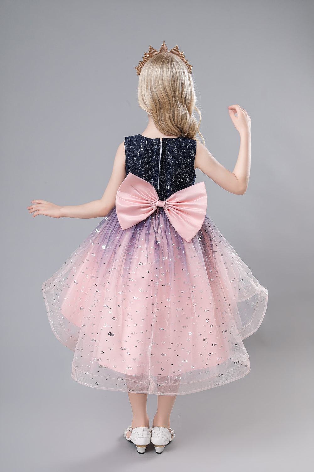 Purple Tulle High Low Sparkly Girls Party Dress With Bow