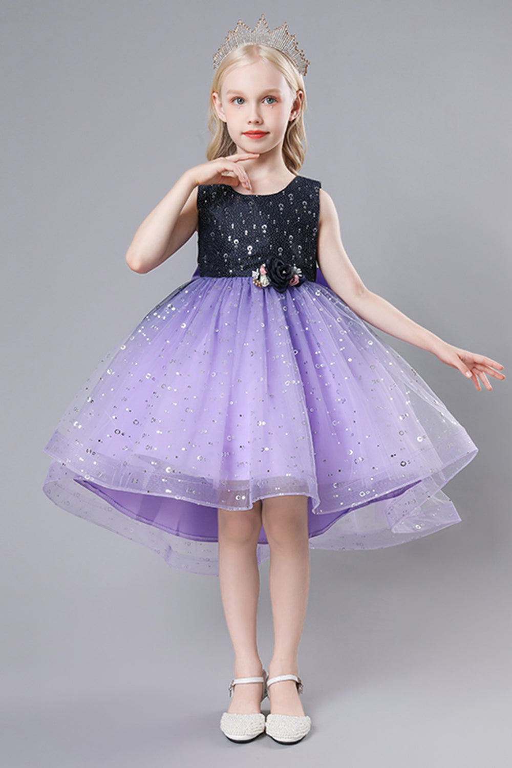 Purple Tulle High Low Sparkly Girls Party Dress With Bow
