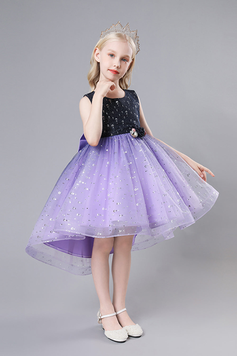 Purple Tulle High Low Sparkly Girls Party Dress With Bow