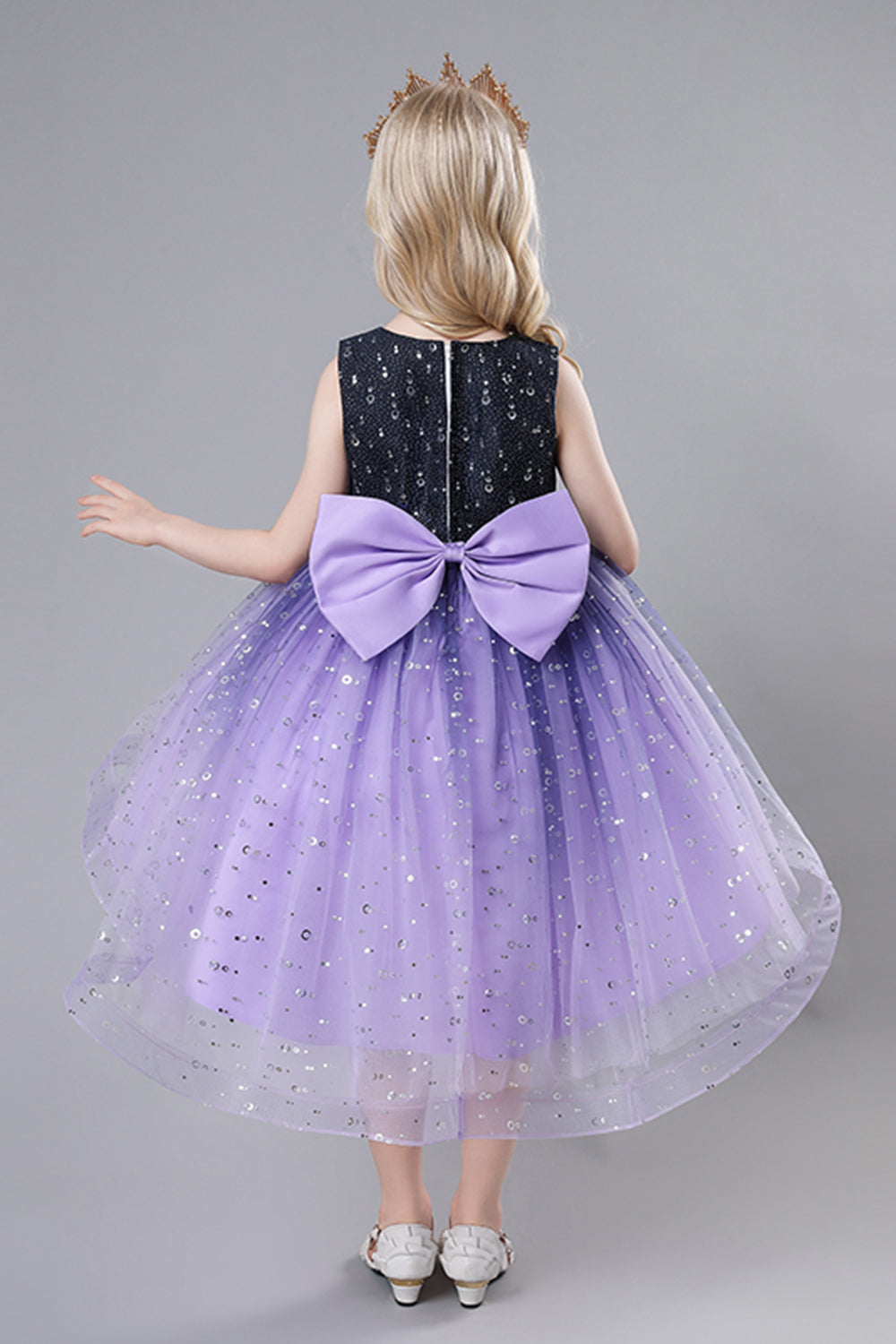 Purple Tulle High Low Sparkly Girls Party Dress With Bow