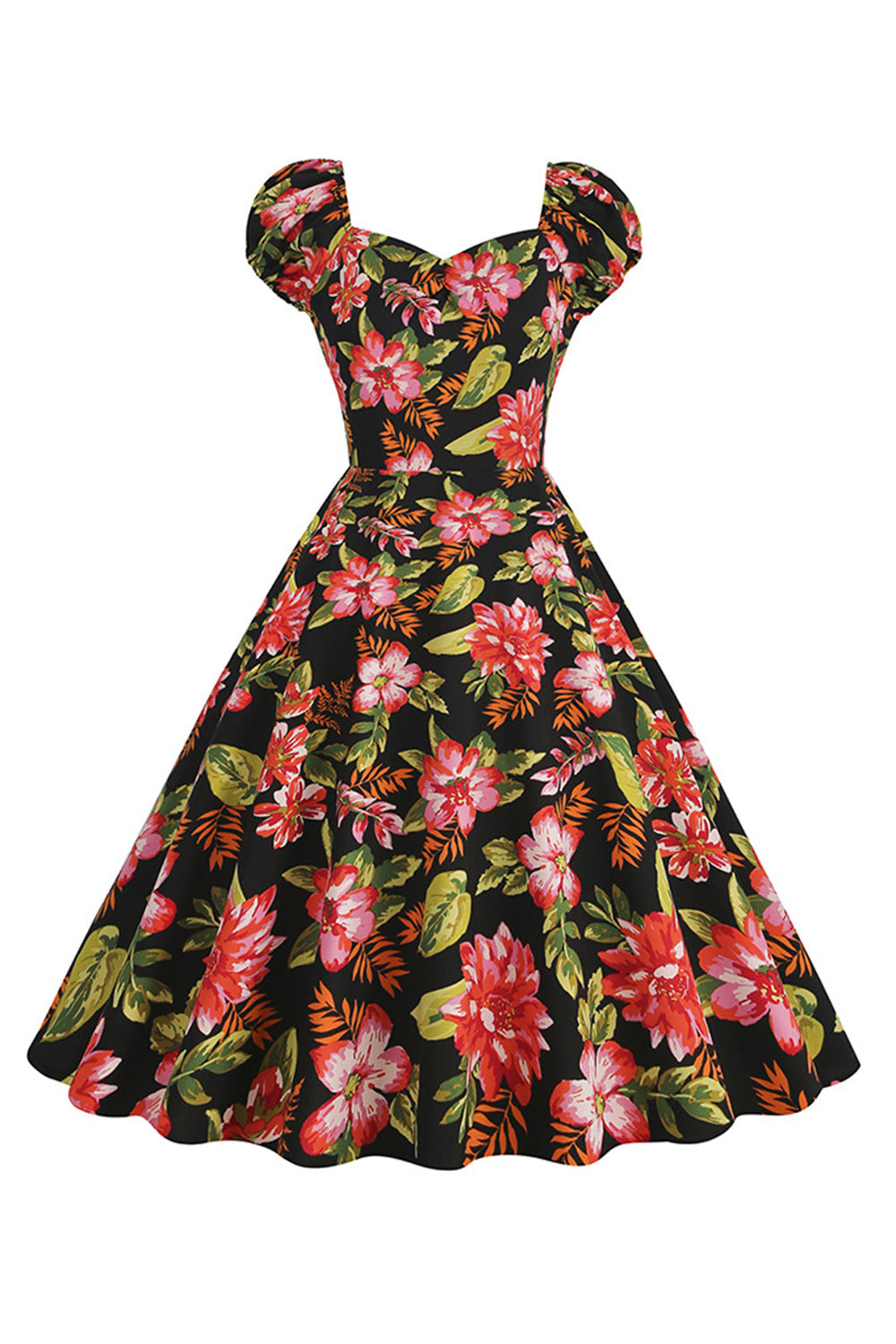Black Flower Print Swing Retro Dress With Short Sleeves