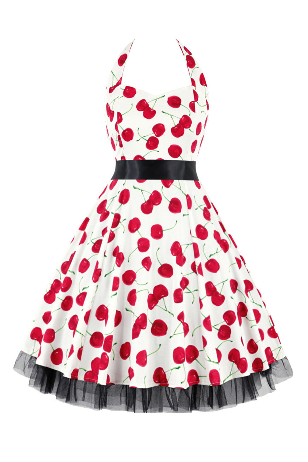 Hepburn Style Halter Tulle Black Printed 1950s Dress