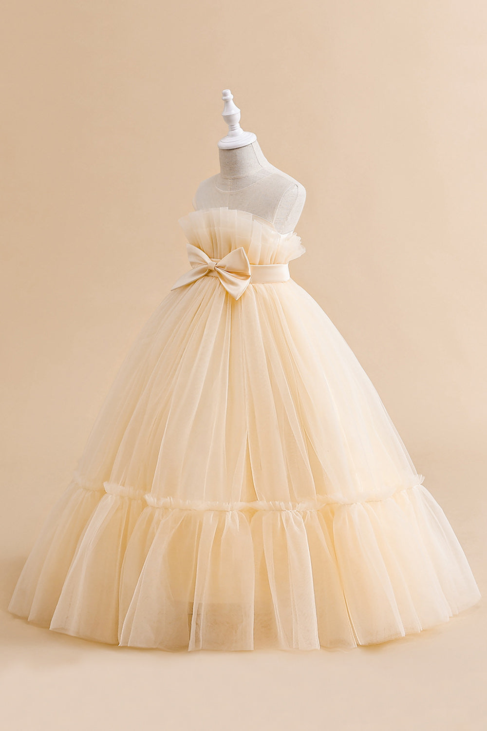 White Strapless Tulle A Line Flower Girl Dress with Bow