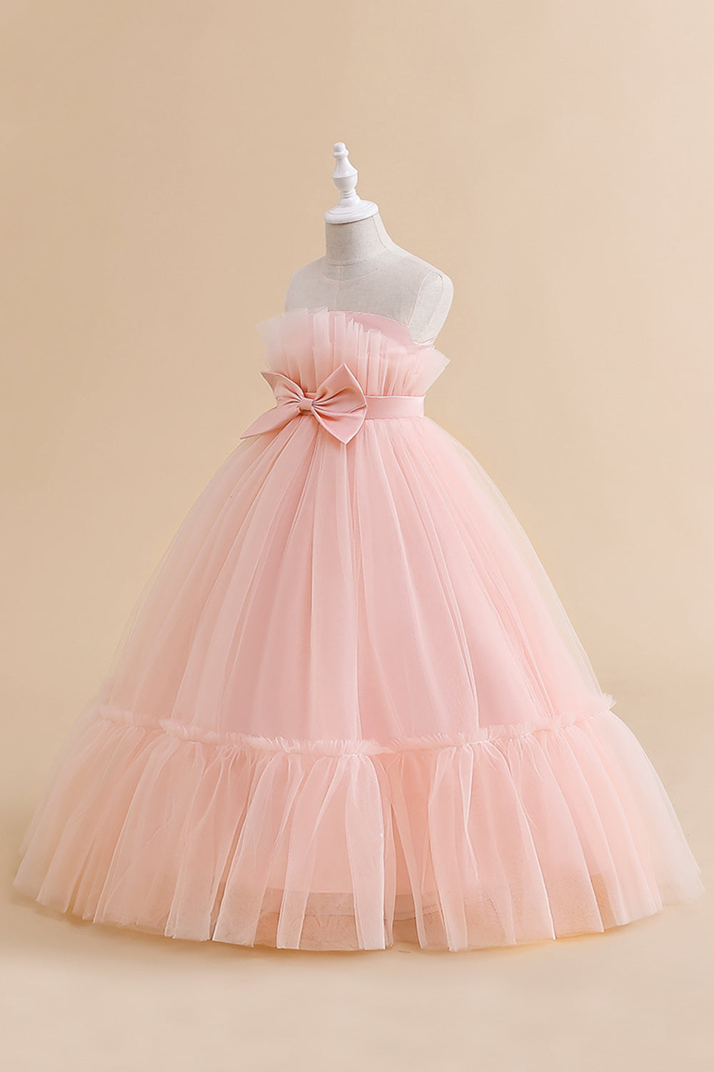 White Strapless Tulle A Line Flower Girl Dress with Bow