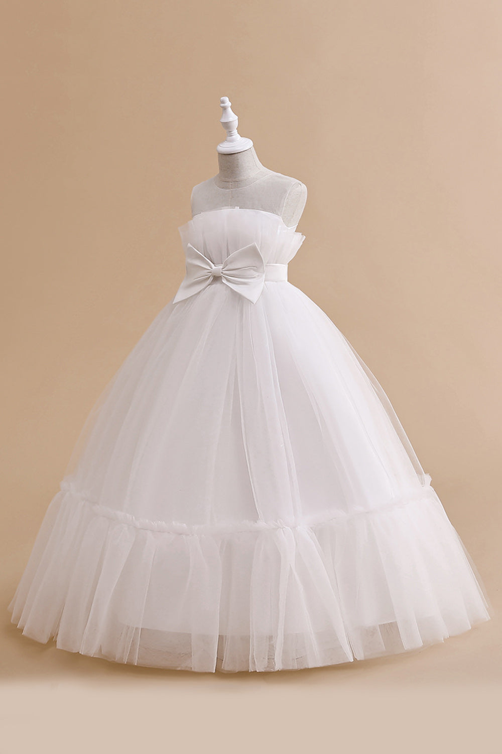White Strapless Tulle A Line Flower Girl Dress with Bow
