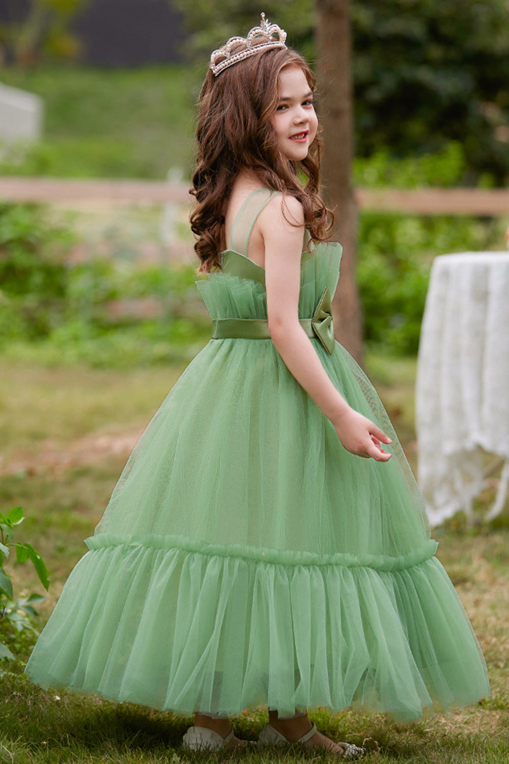 White Strapless Tulle A Line Flower Girl Dress with Bow