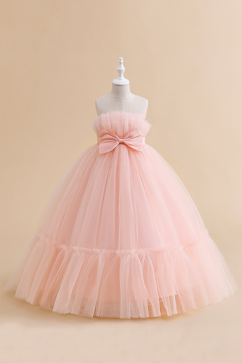 White Strapless Tulle A Line Flower Girl Dress with Bow